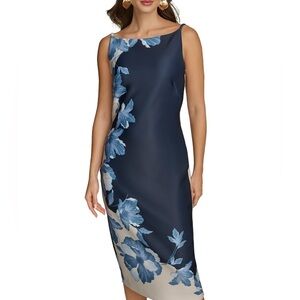 Donna Karan Boat Neck Sleeveless Sheath Navy & Cream Floral Midi Nightfall Dress